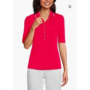 Lands' End Pink-Red Puff Shoulder Short Sleeve Button V-Neck Polo Collared Shirt